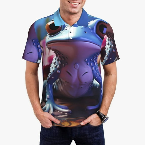 Fuzoiu Colorful Frog Among Flowers Print Men's Polo Shirts Short Sleeve,Golf Shirts for Men,Mens Golf Shirt Moisture Wicking Quick-Dry-3X-Large