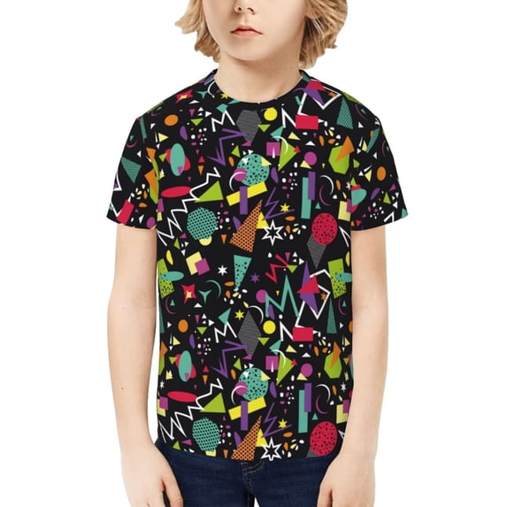Fuzoiu Colorful Geometric Figures Print Boys' Casual T-Shirt,Crewneck Undershirts,Boys Athletic Shirt,Short Sleeve T-Shirts for Outdoor Play