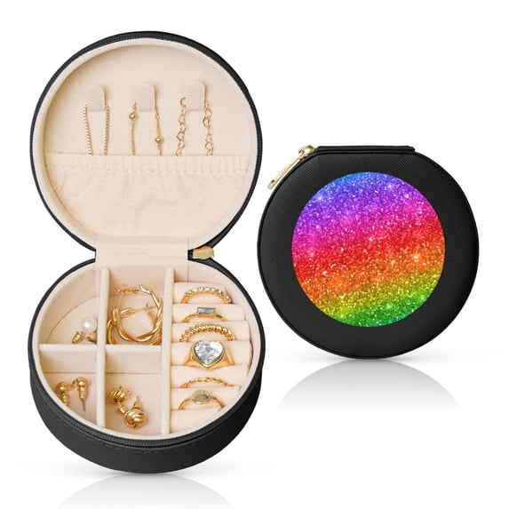 Fuzoiu Colorful Glitter Print Portable Jewelry Box,Round Mini Leather Travel Jewelry Case,Small Travel Jewelry Organizer,Jewelry Holder for Ring Necklace Earring for Women Girls-Black
