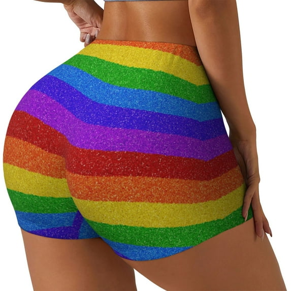 Fuzoiu Colorful Glitter Rainbow Print Women's Workout Shorts,Workout Biker Shorts Women,Exercise Fitness Shorts,Scrunch Short, Athletic Shorts for Gym Yoga Running Sport Active-Medium
