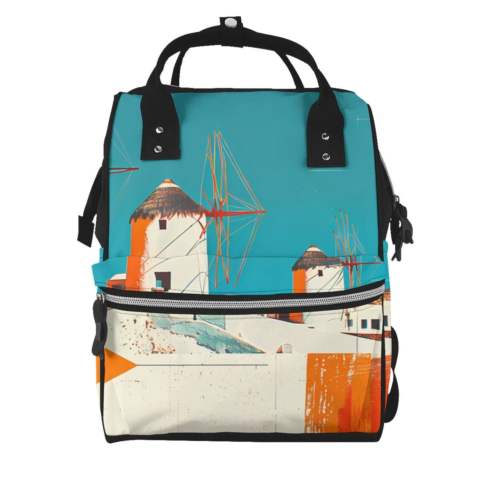 Fuzoiu Colorful Greek Windmills Print Diaper Bag Backpack,Baby Essentials Travel Tote,Multi function Waterproof Diaper Bag, Travel Essentials Baby Bag - Unisex