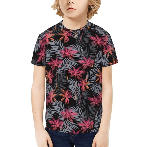 Fuzoiu Colorful Hawaii Palms Print Boys' Casual T-Shirt,Crewneck Undershirts,Boys Athletic Shirt,Short Sleeve T-Shirts for Outdoor Play