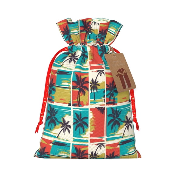 Fuzoiu Colorful Hawaii Palms Print Christmas Gift Bag,Burlap Gift Bag with Drawstring Closure & Hang Tag,Perfect for Holidays, Birthdays, and Special Occasions-Small