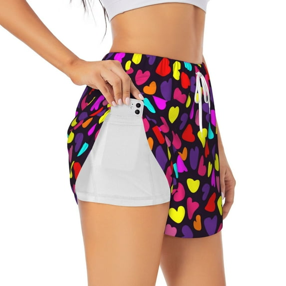 Fuzoiu Colorful Hearts Print Women's Athletic Shorts, Double-Layer Running Shorts with Pocket,Women's Workout Shorts for Yoga, Gym, and Workouts-Large