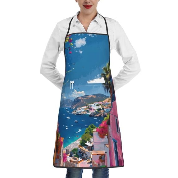 Fuzoiu Colorful Mediterranean Village Print Kitchen Cooking Aprons,Kitchen Cooking BBQ Aprons,Chef Apron with 2 Pockets for Men Women,Art Aprons for Painting Pottery Ceramics