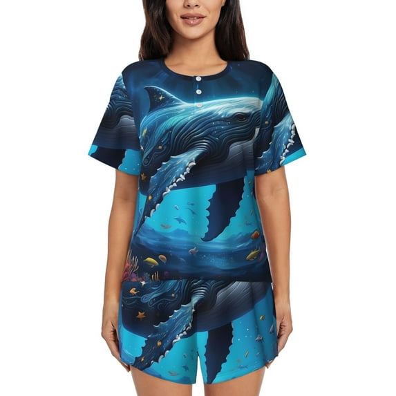 Fuzoiu Colorful Ocean Whale Print Women's Short-Sleeved Pajama Set,Lounge Sleepwear Set,Womens Pajama Sets 2 Piece,Button-Up Top and Shorts with Pockets-3X-Large