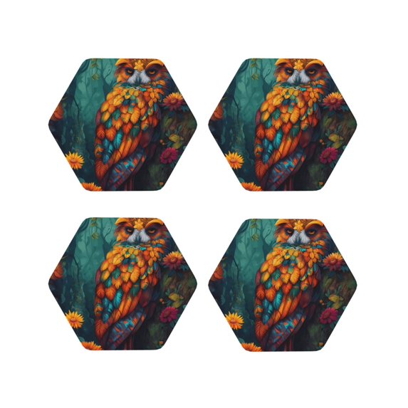 Fuzoiu Colorful Owl Forest Print Leather Coasters Set,Drink Coasters Set of 4,for Tabletop Protection, Durable PVC Coasters,Home Décor and Housewarming Gift-Hexagon