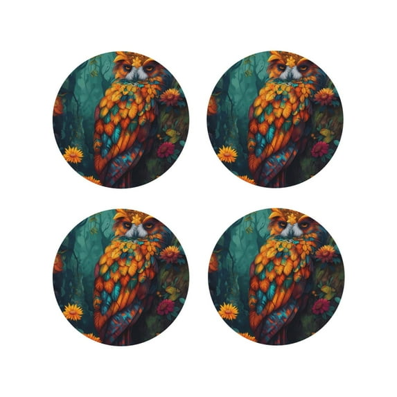 Fuzoiu Colorful Owl Forest Print Leather Coasters Set,Drink Coasters Set of 4,for Tabletop Protection, Durable PVC Coasters,Home Décor and Housewarming Gift-Round Shape