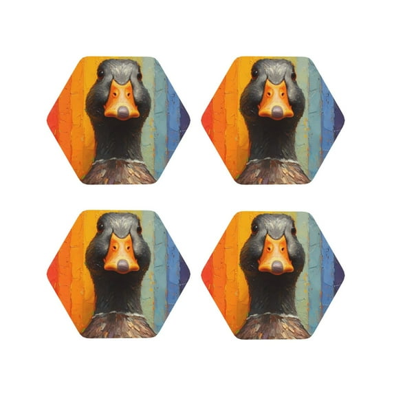 Fuzoiu Colorful Painted Duck Print Leather Coasters Set,Drink Coasters Set of 4,for Tabletop Protection, Durable PVC Coasters,Home Décor and Housewarming Gift-Hexagon