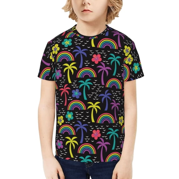 Fuzoiu Colorful Palms Print Boys' Casual T-Shirt,Crewneck Undershirts,Boys Athletic Shirt,Short Sleeve T-Shirts for Outdoor Play