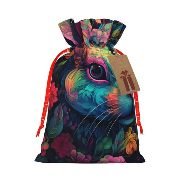 Fuzoiu Colorful Patterned Rabbit Print Christmas Gift Bag,Burlap Gift Bag with Drawstring Closure & Hang Tag,Perfect for Holidays, Birthdays, and Special Occasions-Medium