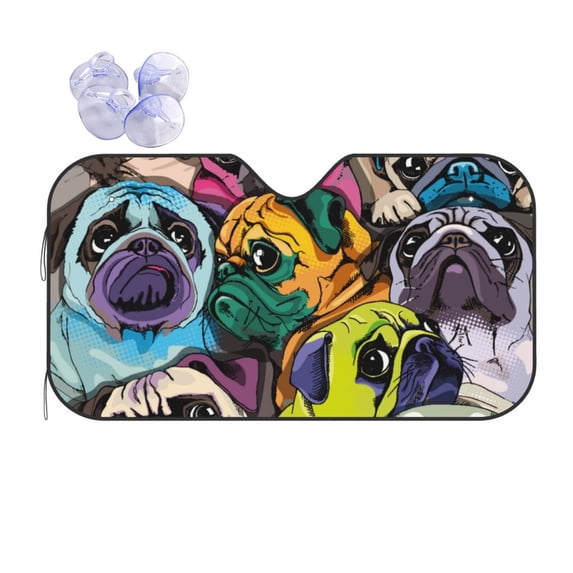 Fuzoiu Colorful Pug Print Car Windshield Sun Shade,Block Uv Rays Sunshade,Foldable Front Window Sun Visor Protector for Car,SUV,Truck-Keep Vehicle Cool-Colorful Pug