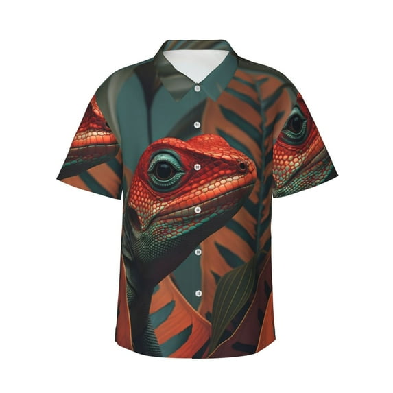 Fuzoiu Colorful Reptile And Leaves Print Hawaiian Shirt for Men, Summer Beach Casual Short Sleeve Button Down Shirts, Men’s Beach Summer Shirts with Pocket,Medium