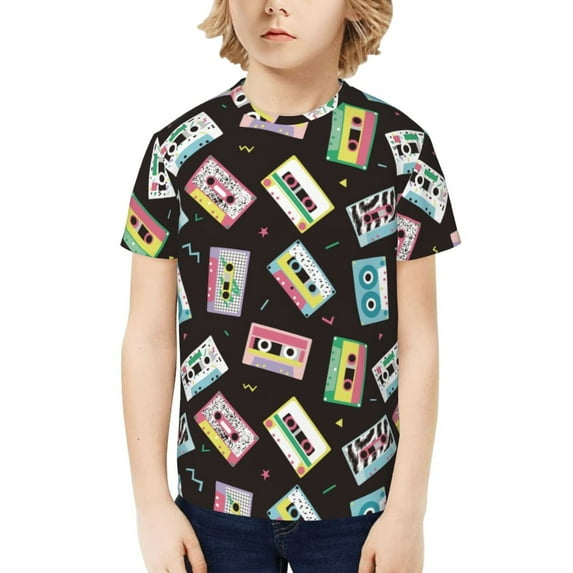 Fuzoiu Colorful Retro Tape Print Boys' Casual T-Shirt,Crewneck Undershirts,Boys Athletic Shirt,Short Sleeve T-Shirts for Outdoor Play