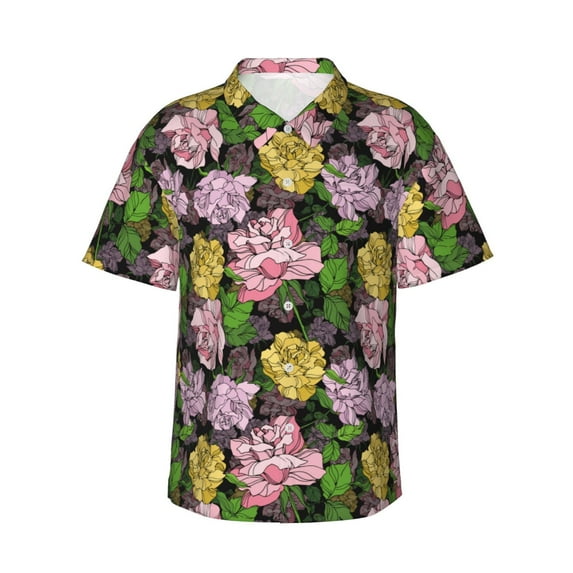 Fuzoiu Colorful Roses Print Hawaiian Shirt for Men, Summer Beach Casual Short Sleeve Button Down Shirts, Men’s Beach Summer Shirts with Pocket,3X-Large
