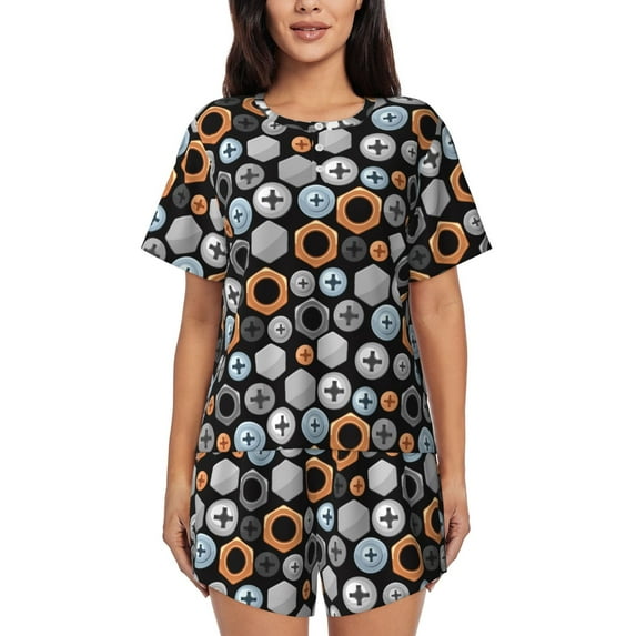 Fuzoiu Colorful Screws Print Women's Short-Sleeved Pajama Set,Lounge Sleepwear Set,Womens Pajama Sets 2 Piece,Button-Up Top and Shorts with Pockets-X-Large