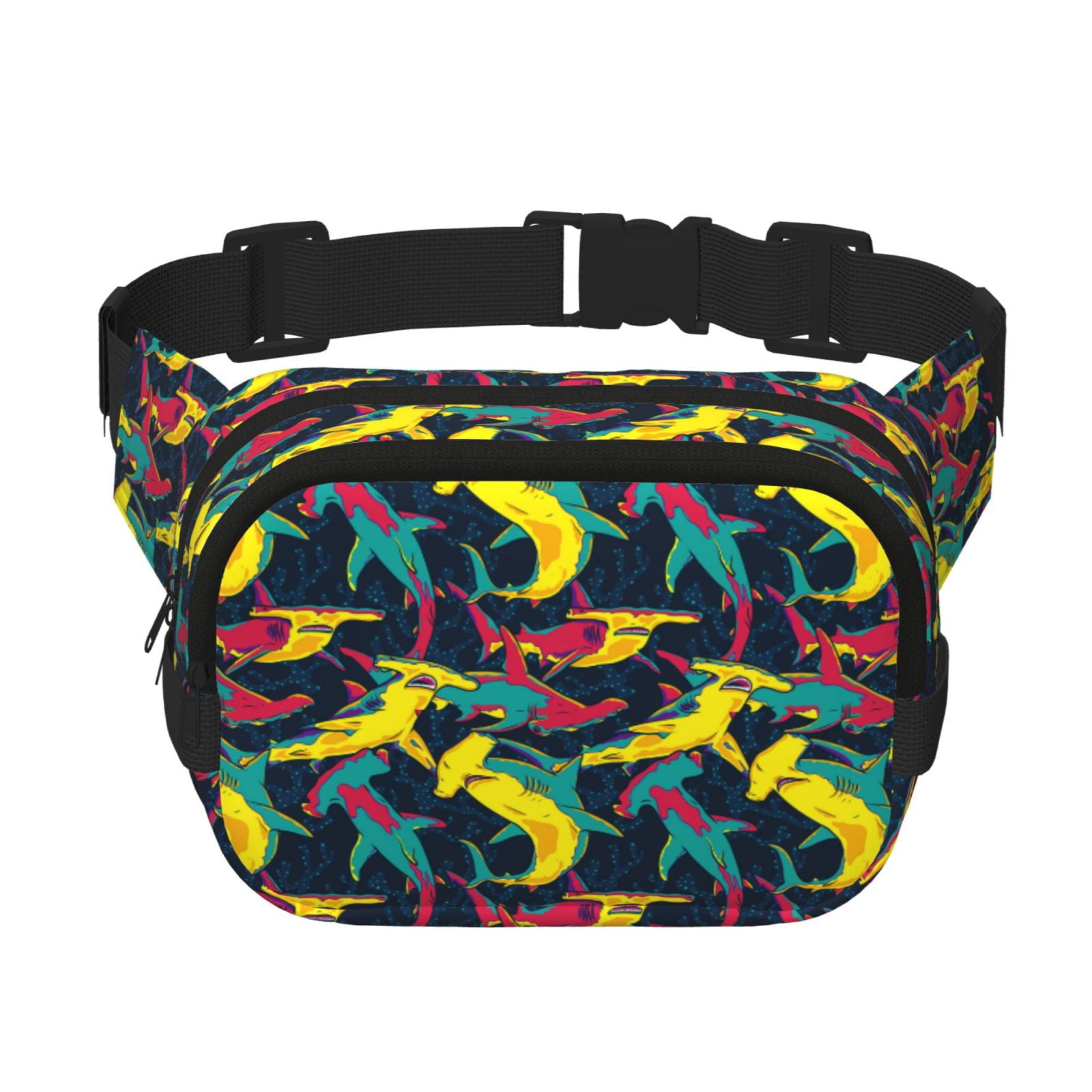 Fuzoiu Colorful Sharks Print Unisex Square Double Layer Waist Bag,Crossbody Fanny Pack Travel Workout Accessory