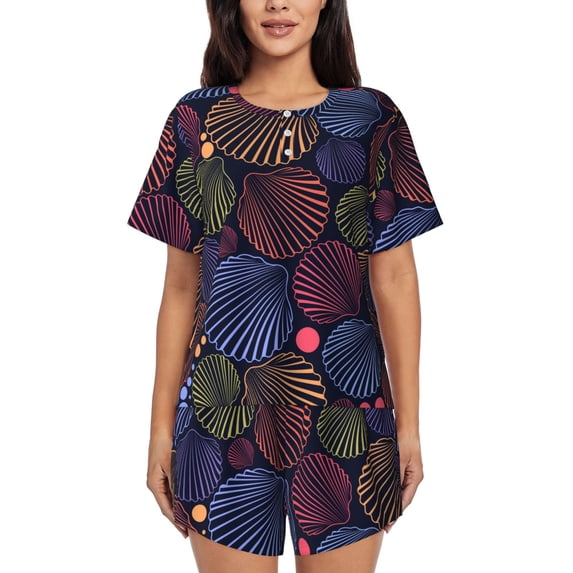 Fuzoiu Colorful Shells Print Women's Short-Sleeved Pajama Set,Lounge Sleepwear Set,Womens Pajama Sets 2 Piece,Button-Up Top and Shorts with Pockets-4X-Large