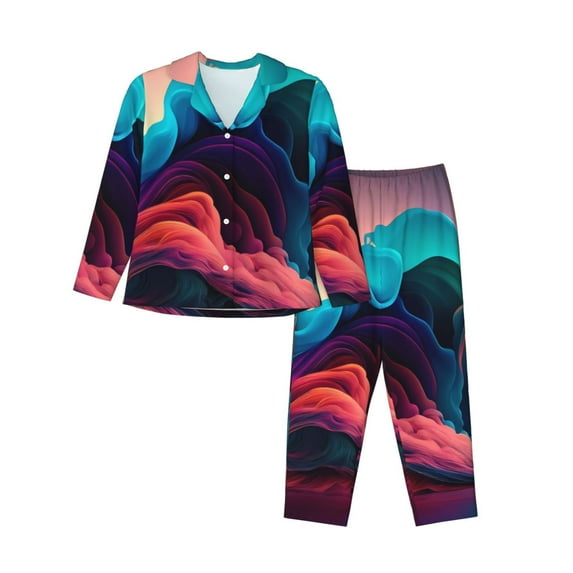 Fuzoiu Colorful Surreal Landscape Print Women's Long-Sleeved Pajama,Lounge Button Down Nightwear,Womens Notch Collar Pajama Set-XX-Large
