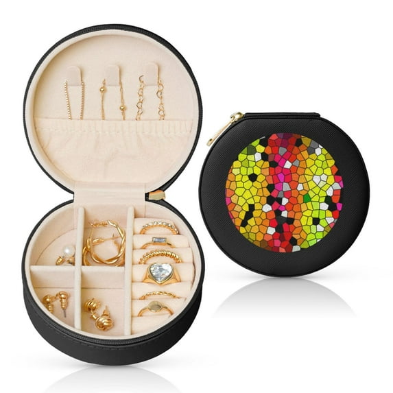 Fuzoiu Colorful Tie Dye Stained Glass 1 Print Portable Jewelry Box,Round Mini Leather Travel Jewelry Case,Small Travel Jewelry Organizer,Jewelry Holder for Ring Necklace Earring for Women Girls-Black