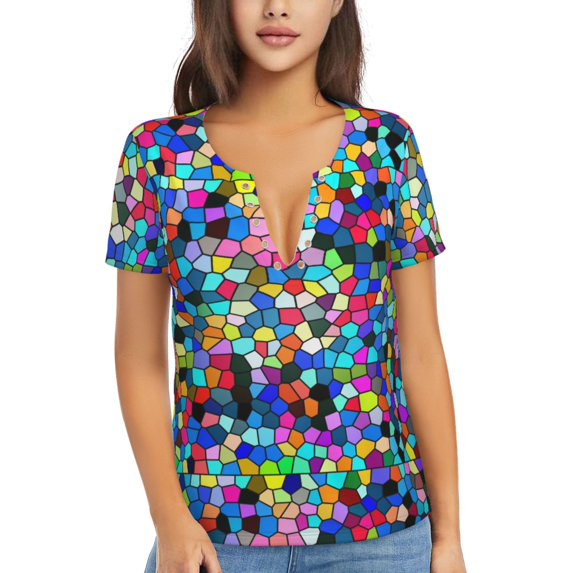Fuzoiu Colorful Tie Dye Stained Glass 2 Print Women's V-Neck T-Shirt,Women's Short Sleeve Top, Comfortable for Work, Leisure, and Sports