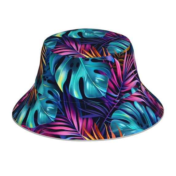 Fuzoiu Colorful Tropical Leaves Print Reflective Bucket Hat,Outdoor Hat for Men and Women,Bucket Hat for Travel Fishing Hunting Summer Camp