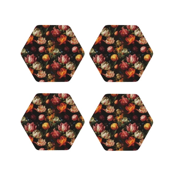Fuzoiu Colorful Tulips Print Leather Coasters Set,Drink Coasters Set of 4,for Tabletop Protection, Durable PVC Coasters,Home Décor and Housewarming Gift-Hexagon