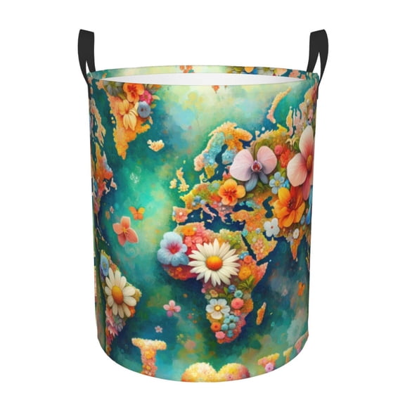 Fuzoiu Colorful World Map Print Circular Hamper,Laundry Basket with Handle,Collapsible Laundry,Dirty Clothes Storage Basket,for Bedroom Bathroom Dorm Living Room-Small