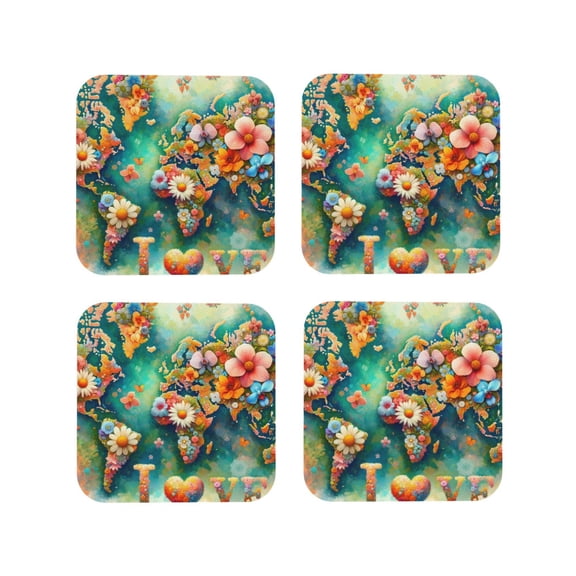 Fuzoiu Colorful World Map Print Leather Coasters Set,Drink Coasters Set of 4,for Tabletop Protection, Durable PVC Coasters,Home Décor and Housewarming Gift-Square