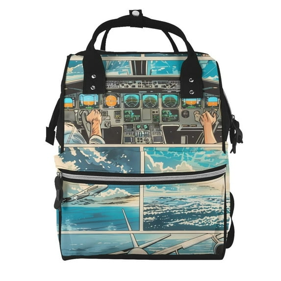 Fuzoiu Comic Airplane Cockpit Illustration Print Diaper Bag Backpack,Baby Essentials Travel Tote,Multi function Waterproof Diaper Bag, Travel Essentials Baby Bag - Unisex