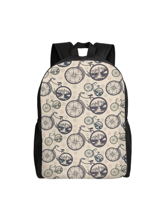 Compass And Mountains In Bicycle Wheels Print Laptop Backpack,Work Business Backpacks, Large Capacity Nurse Bag College Bookbag for School, Waterproof Casual Daypack for Travel