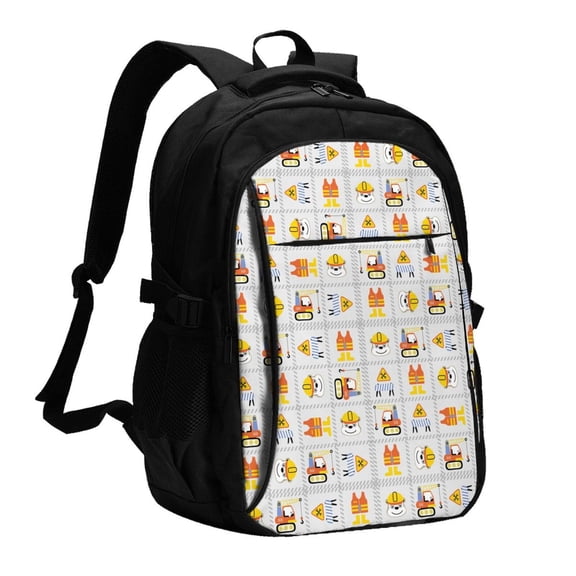 Fuzoiu Construction Equipments Worker Print USB Backpack with Charging Port,Laptop Backpack,Business Travel Durable Laptops Backpack, for School, Work, Travel & Outdoor Activities
