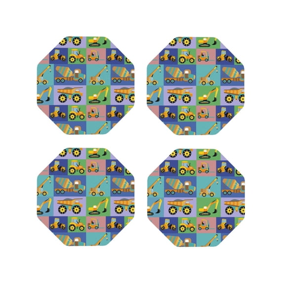 Fuzoiu Construction Machinery Print Leather Coasters Set,Drink Coasters Set of 4,for Tabletop Protection, Durable PVC Coasters,Home Décor and Housewarming Gift-Octagon