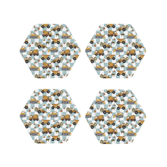 Fuzoiu Construction Vehicle Print Leather Coasters Set,Drink Coasters Set of 4,for Tabletop Protection, Durable PVC Coasters,Home Décor and Housewarming Gift-Hexagon
