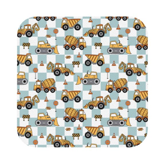 Fuzoiu Construction Vehicle Print Leather Coasters Set,Drink Coasters Set of 6,for Tabletop Protection, Durable PVC Coasters,Home Décor and Housewarming Gift,Square