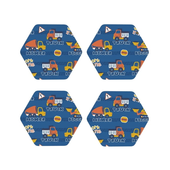 Fuzoiu Construction Vehicles Print Leather Coasters Set,Drink Coasters Set of 4,for Tabletop Protection, Durable PVC Coasters,Home Décor and Housewarming Gift-Hexagon