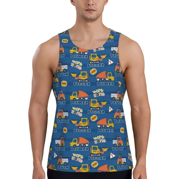 Fuzoiu Construction Vehicles Print Men's Workout Tank Tops,Sleeveless Gym Shirt Quick Dry,Fitness Bodybuilding T-Shirt,Muscle Athletic Workout Tee-XX-Large