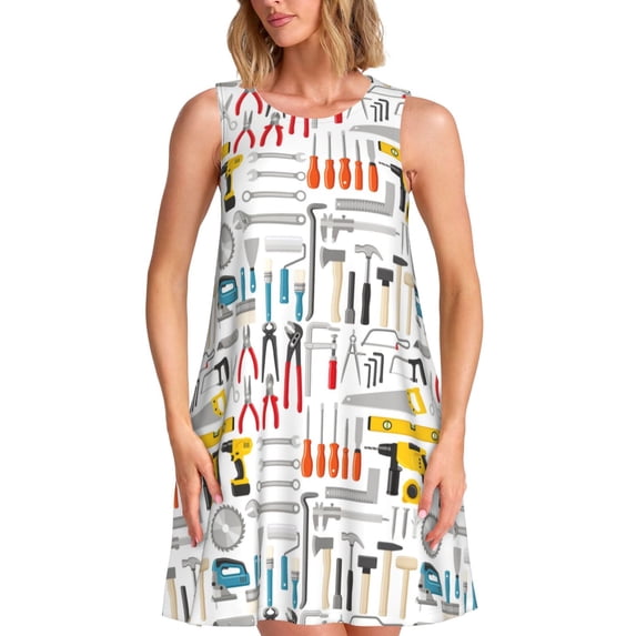 Fuzoiu Construction tools Print Women's Sleeveless Dress,Summer Dresses for Women,Casual Sundresses,Beach Sleeveless T-shirt Swing Dress with Pockets