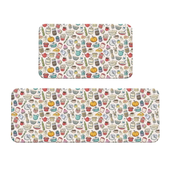 Fuzoiu Cooking Utensils Print Kitchen Floor Mat 2 Sets,Kitchen Rugs and Mats,,Non Skid Waterproof Kitchen Floor Mat for Kitchen,Home Office,Sink,Laundry