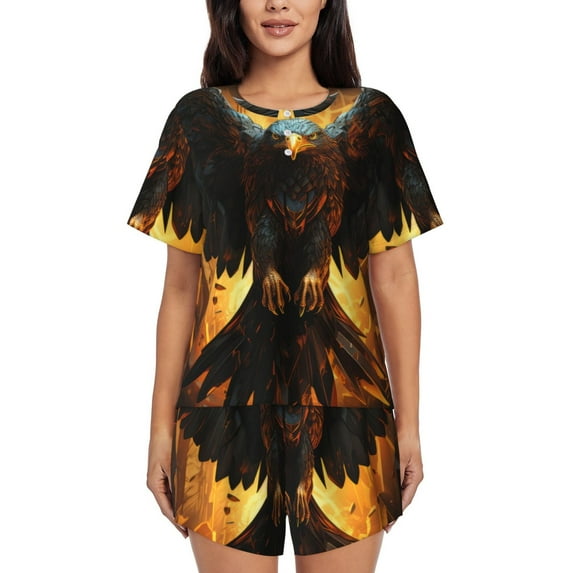 Fuzoiu Cool Black Eagle Print Women's Short-Sleeved Pajama Set,Lounge Sleepwear Set,Womens Pajama Sets 2 Piece,Button-Up Top and Shorts with Pockets-4X-Large