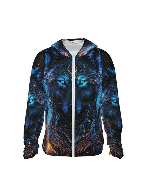Cool Blue Light Wolf Print Unisex Sun Protection Hoodie,UPF 50+ Light Jacket,Full Zip Sun Protection Hoodie,Long Sleeve Sun Shirts,for Outdoor Activities-Medium
