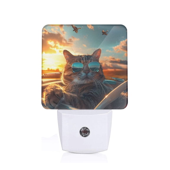 Fuzoiu Cool Cat Driving Sunset Print Dusk to Dawn LED Night Light with Light Sensor, Energy-Efficient Touch-Safe Night Lamp for Home, Office, and Kids' Rooms-US