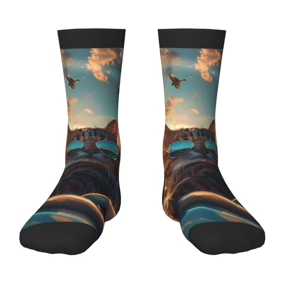 Fuzoiu Cool Cat Driving Sunset Print Kids Socks For Boys Girls,Grip Crew Socks with Non Slip,Lightweight Stretch Crew Socks,Toddlers Crew Boot Socks