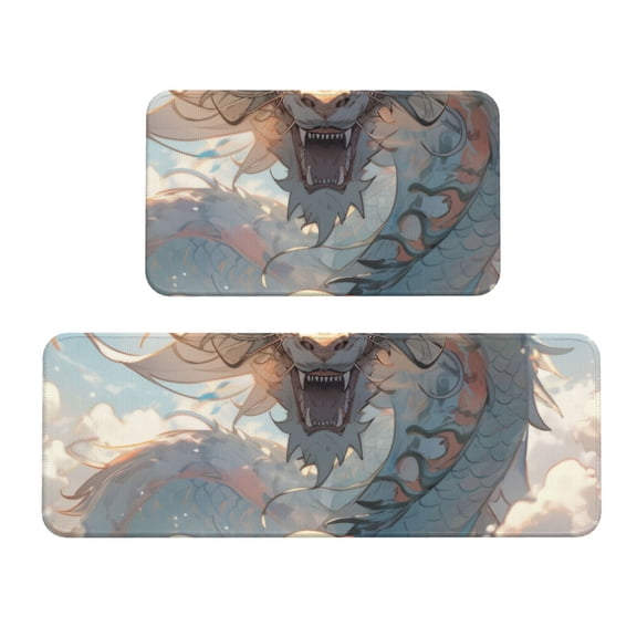 Fuzoiu Cool Cloud White Dragon Print Kitchen Floor Mat 2 Sets,Kitchen Rugs and Mats,,Non Skid Waterproof Kitchen Floor Mat for Kitchen,Home Office,Sink,Laundry
