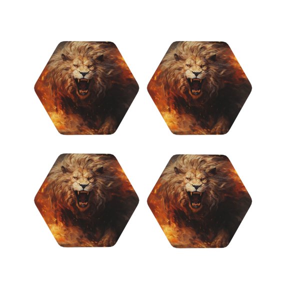 Fuzoiu Cool Fire Lion Print Leather Coasters Set,Drink Coasters Set of 4,for Tabletop Protection, Durable PVC Coasters,Home Décor and Housewarming Gift-Hexagon