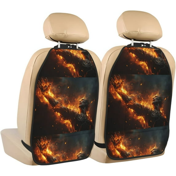Fuzoiu Cool Fire Man Print 2 Pack Kick Mat Back Seat Protector With 3 Storage Pockets, Universal Car Seat Back Organizer For Kids Pets, Waterproof Backseat Protector For Most Car