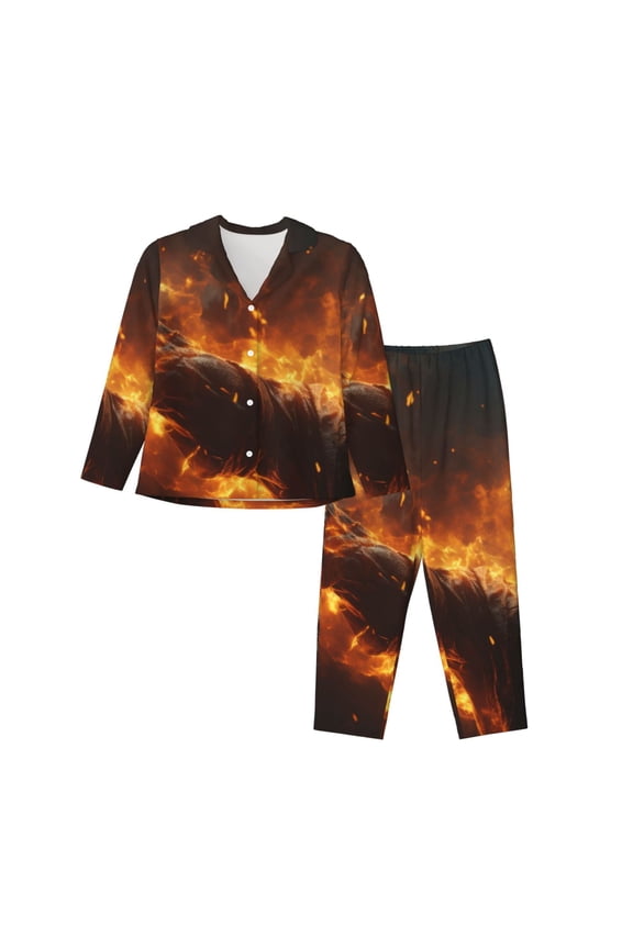 Cool Fire Man Print Women's Long-Sleeved Pajama,Lounge Button Down Nightwear,Womens Notch Collar Pajama Set-Large