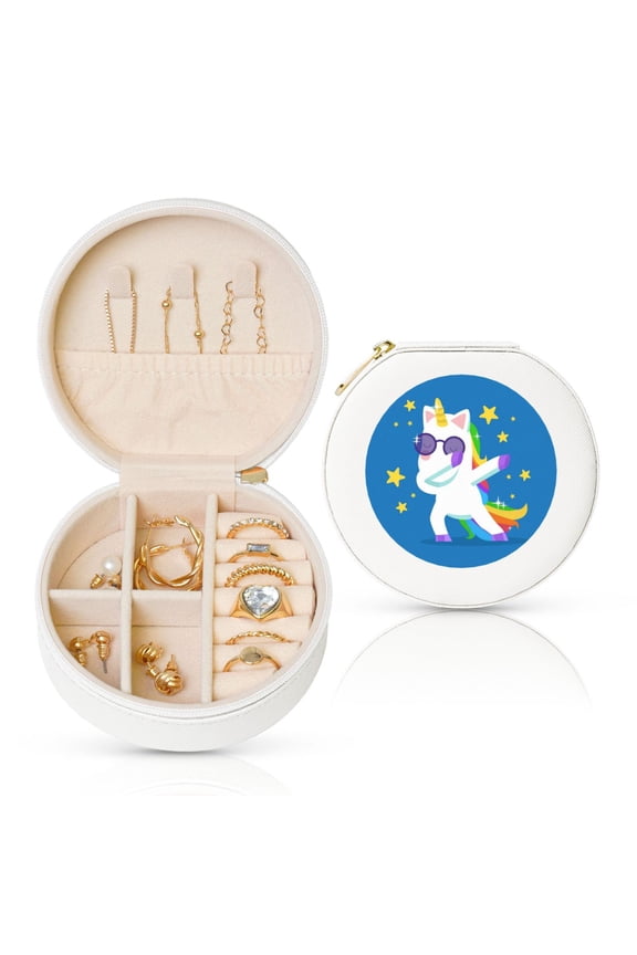 Cool Unicorn Star Golden Print Portable Jewelry Box,Round Mini Leather Travel Jewelry Case,Small Travel Jewelry Organizer,Jewelry Holder for Ring Necklace Earring for Women Girls-White