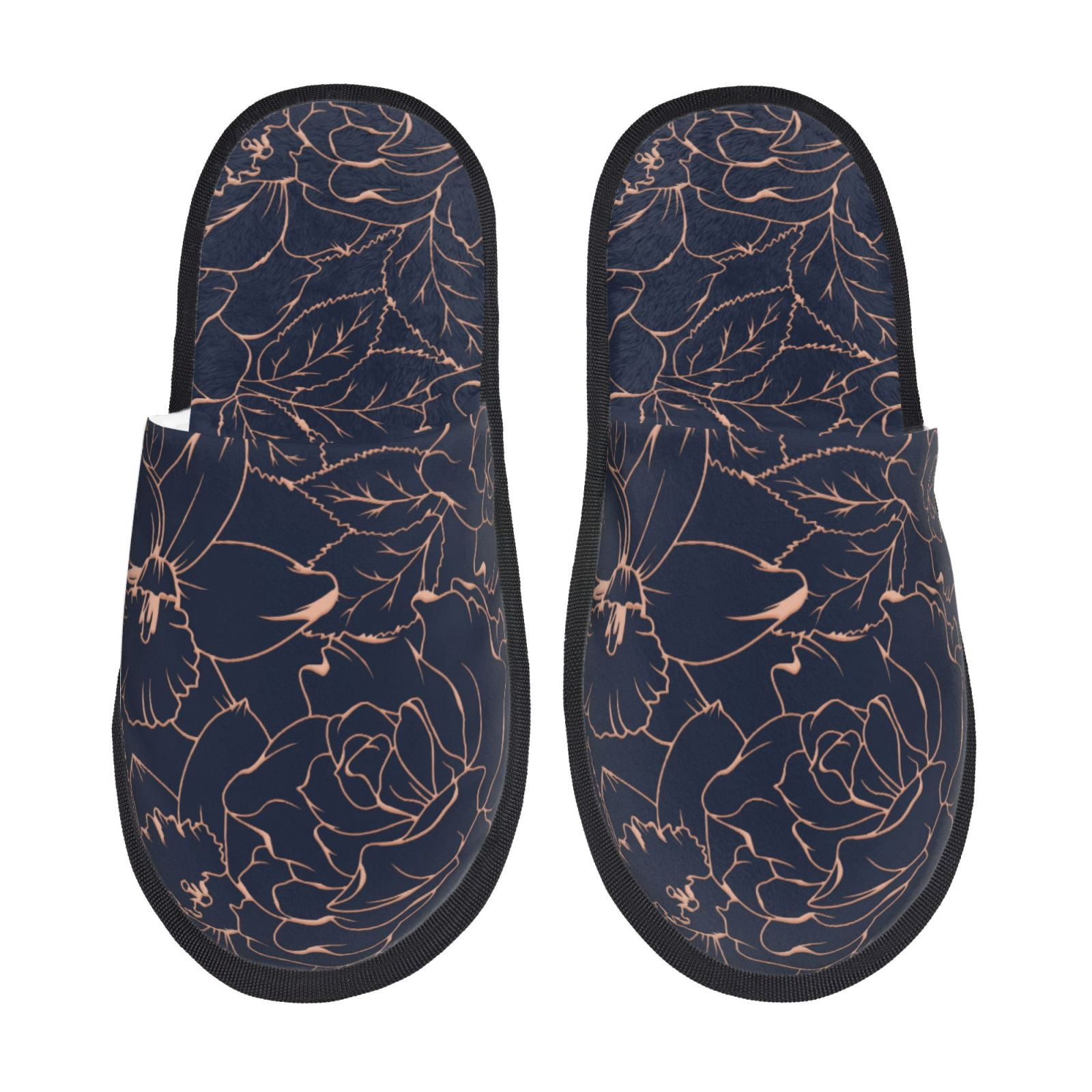 Fuzoiu Copper-Gold Gloss Outline Flower Print Unisex Furry Slippers,Plush Indoor Shoes,Trendy ...