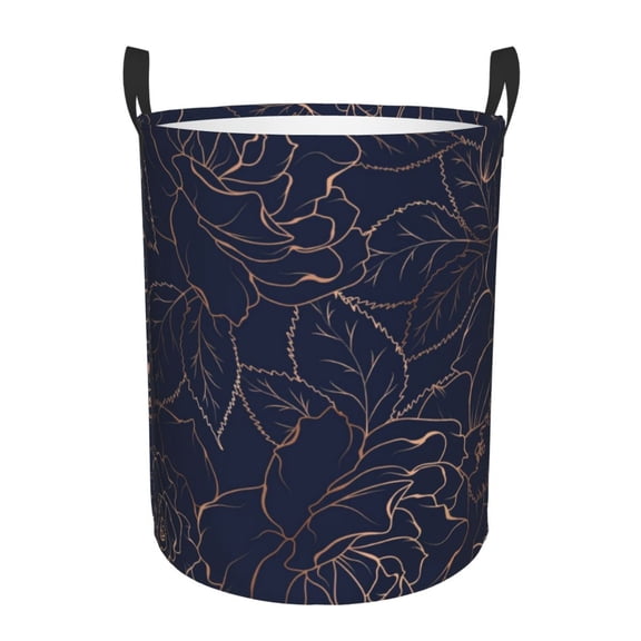 Fuzoiu Copper-Gold Gloss Outline Navy Dark Blue Print Circular Hamper,Laundry Basket with Handle,Collapsible Laundry,Dirty Clothes Storage Basket,for Bedroom Bathroom Dorm Living Room-Medium